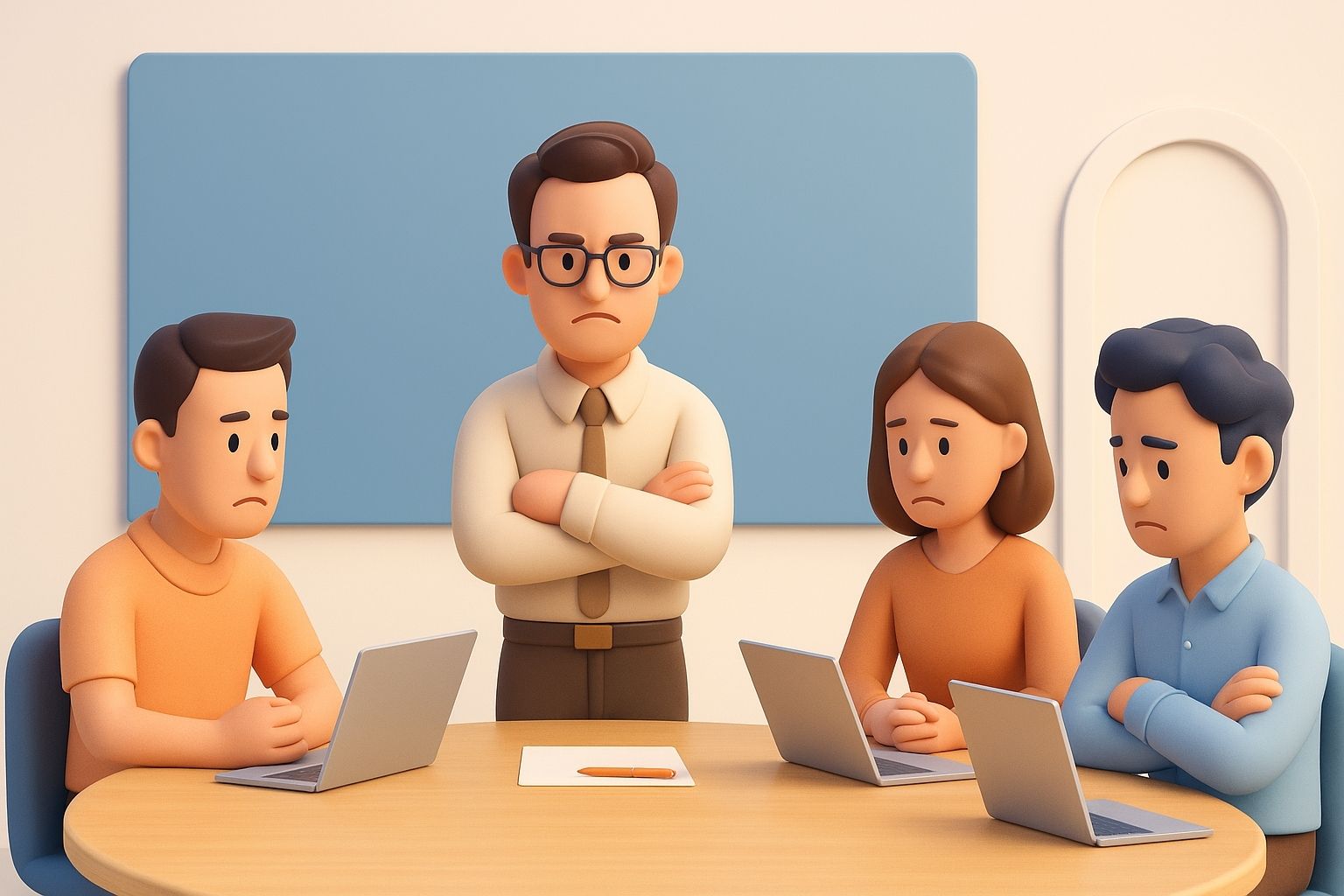 3D illustration of a tense office meeting with four team members around a table. A stern-looking leader stands with arms crossed, while three seated colleagues appear uncomfortable and silent. Each has a laptop open, but no one is speaking. The scene conveys a lack of psychological safety in a professional setting.