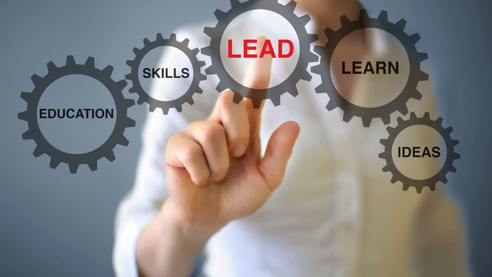 A female touching a screen and selecting Lead, skills, learn etc..