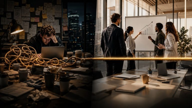 Split image comparing founder behaviour in year one versus year two. Left side shows a tired founder working alone in a messy night office – representing survival mode, chaos, and solo decisions. Right side shows a calm leader stepping back while a diverse team discusses growth charts on a whiteboard in a bright meeting room – representing delegation, structure, and shared leadership. A tangled rope on the left transforms into a smooth golden line on the right. The visual reinforces the article’s message: the habits that build a business in year one must evolve to scale in year two.