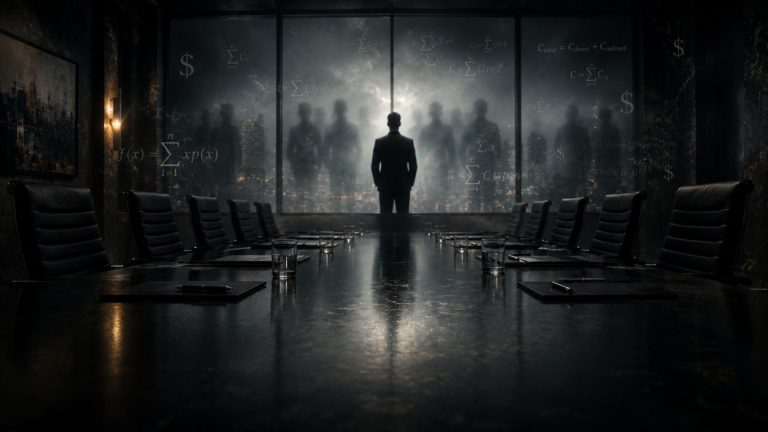 Dark, foggy boardroom with a long empty table and a blurred leader silhouette at the head. In the window reflection, multiple indistinct figures appear instead of one, symbolising unclear leadership. Faint floating dollar signs and question marks dissolve into mist. Text overlay reads “The Cost of Unclear Leadership”.