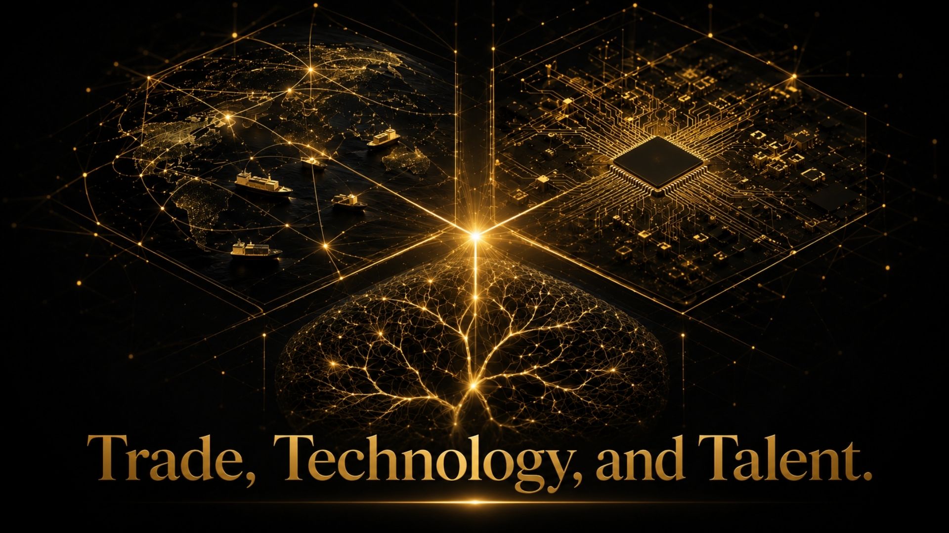 The New Global Battleground' by Refiloe Mokgalaka. Dark geopolitical strategy graphic showing interconnected gold lines of supply chains, AI data flows, and talent mobility networks on a black background. Symbolises leadership, convergence, and geopolitical risk.