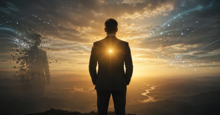 A leader standing alone in a contemplative space, suggesting the depth of human judgment and contextual wisdom that AI cannot replicate.