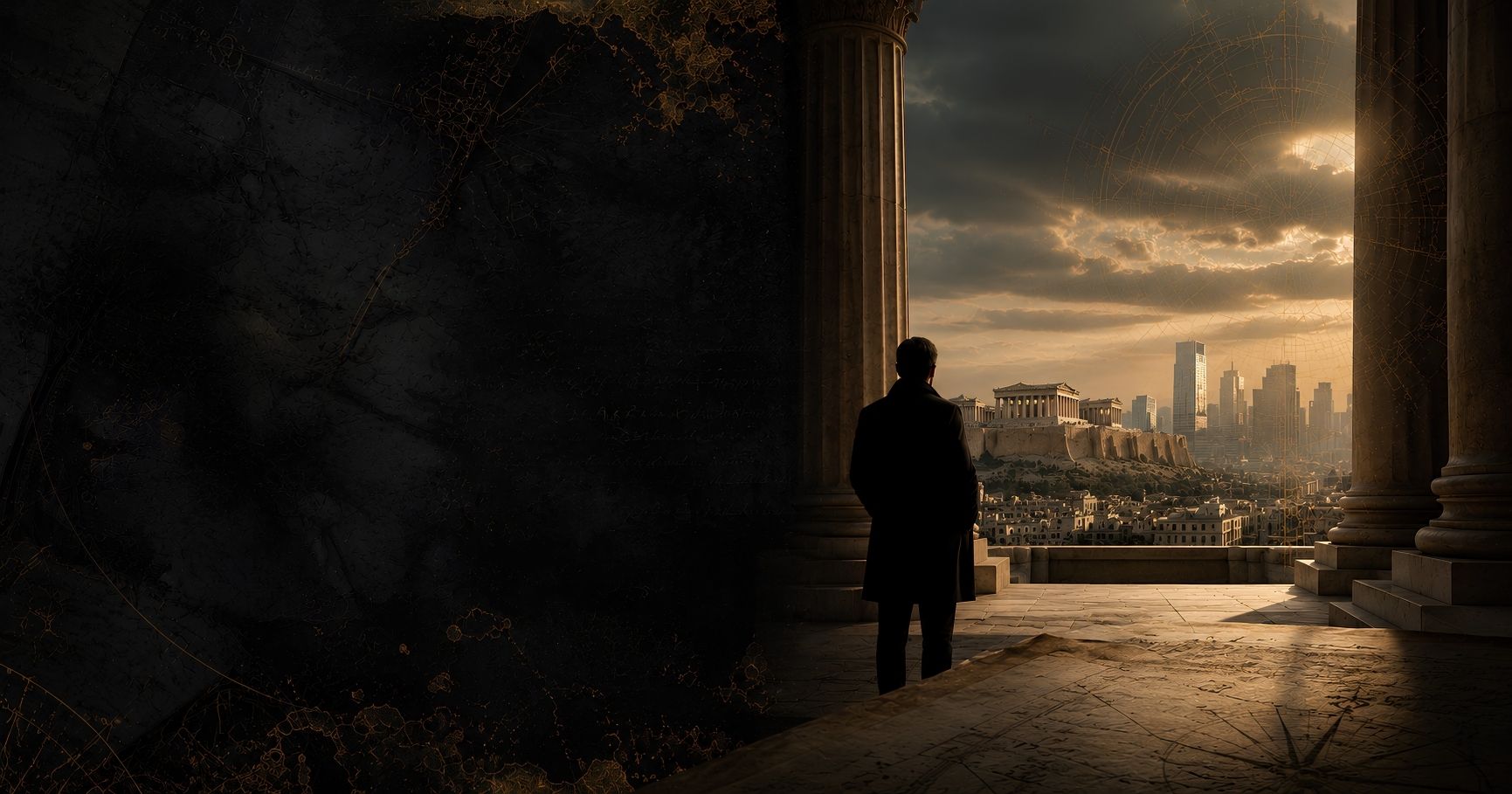 A contemplative scene combining historical architectural depth with present-day atmosphere, suggesting the connection between historical leadership wisdom and contemporary leadership practice.