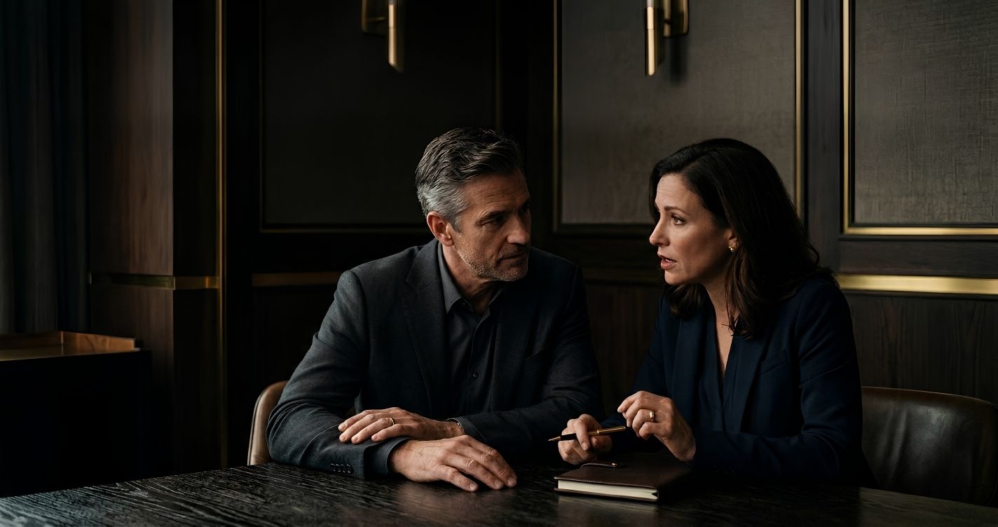 A quiet, intimate leadership conversation captured in soft directional light, conveying both warmth and gravity.