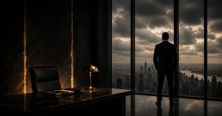 A senior executive in quiet contemplation at a large window overlooking a city, conveying the weight and responsibility of CEO leadership in 2026.