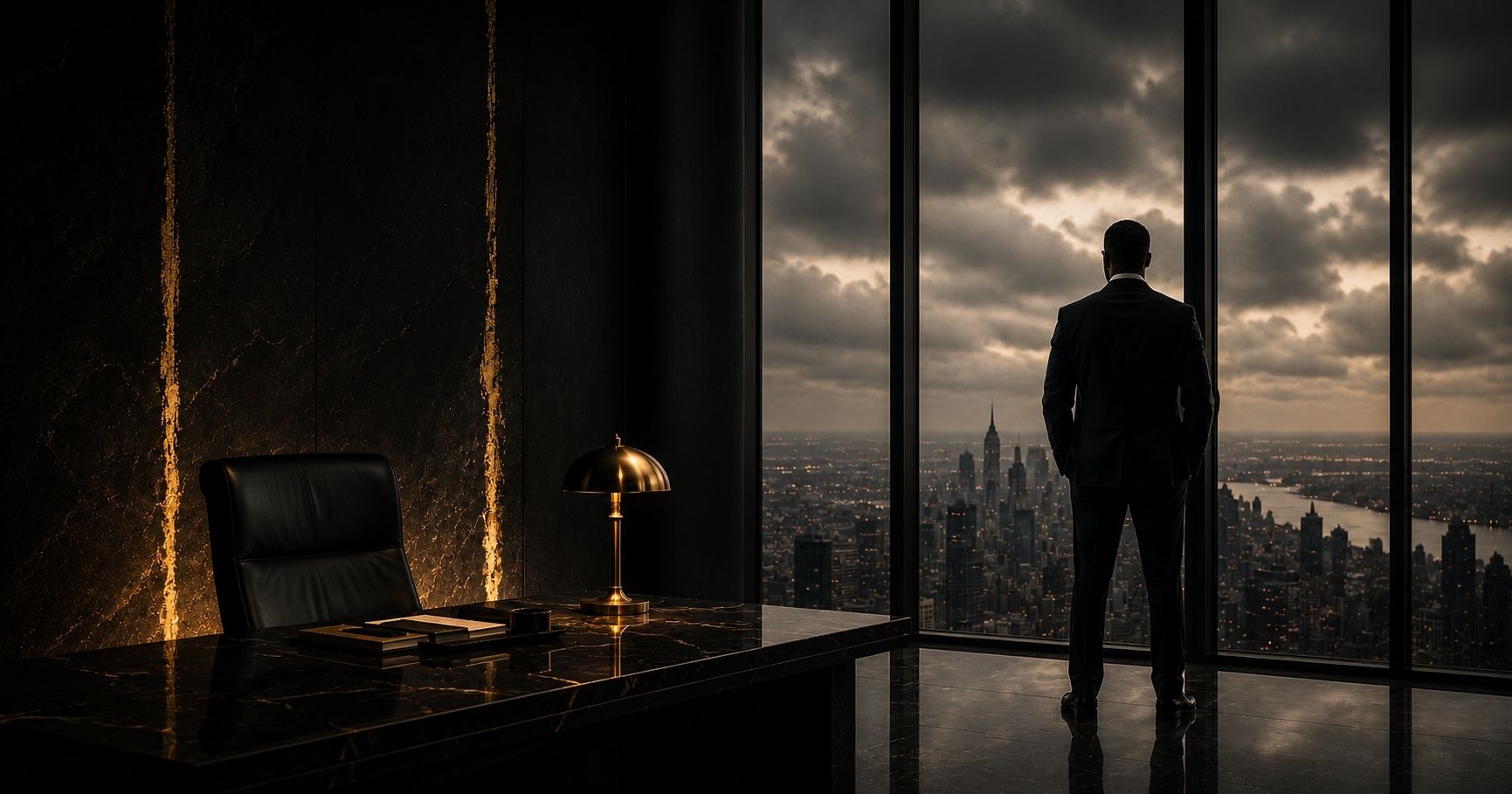 A senior executive in quiet contemplation at a large window overlooking a city, conveying the weight and responsibility of CEO leadership in 2026.