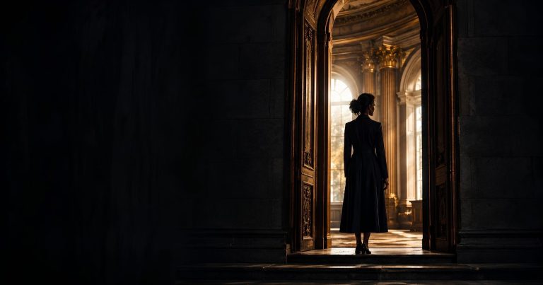 A figure standing at the threshold of a significant architectural space, oriented forward with quiet intentionality — suggesting readiness and deliberate preparation for leadership.