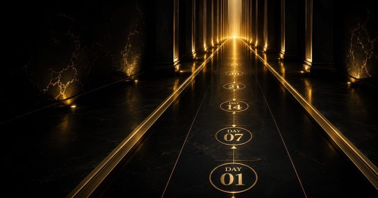 A focused architectural corridor extending into depth with directional gold lighting, suggesting momentum, direction, and the discipline of structured execution