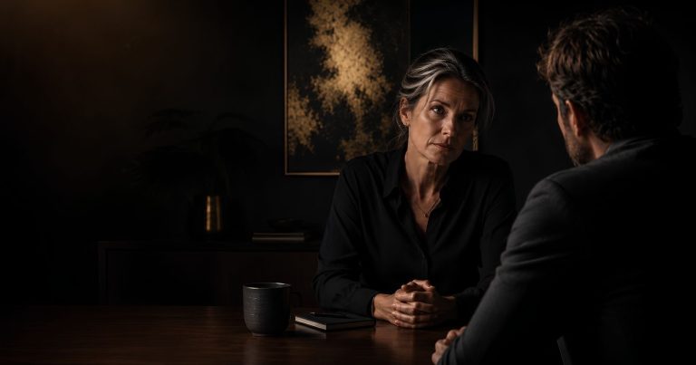A quiet, serious one-to-one conversation held in a darkened room with directional light, conveying the weight and human gravity of difficult leadership decisions.