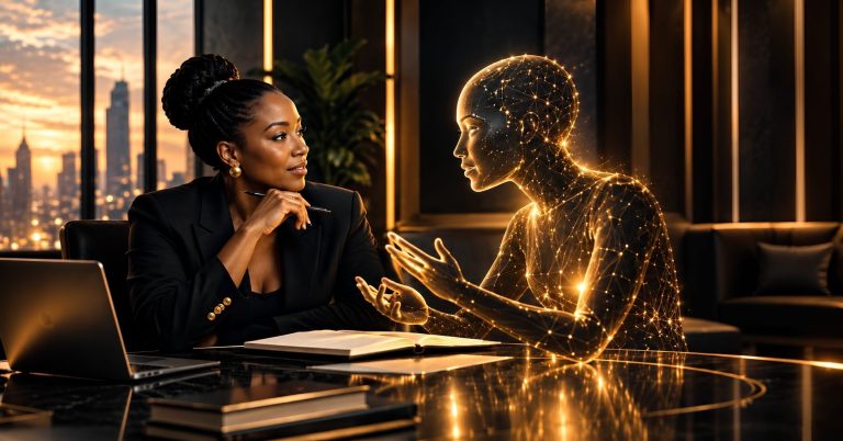 A human figure in purposeful proximity to an abstract technological structure, suggesting genuine partnership between human judgment and artificial intelligence.
