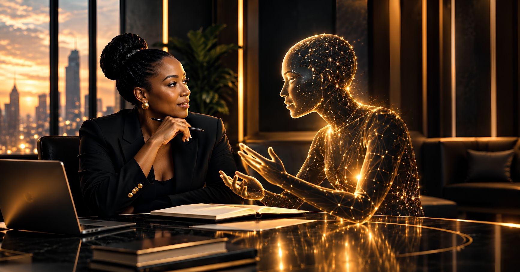 A human figure in purposeful proximity to an abstract technological structure, suggesting genuine partnership between human judgment and artificial intelligence.