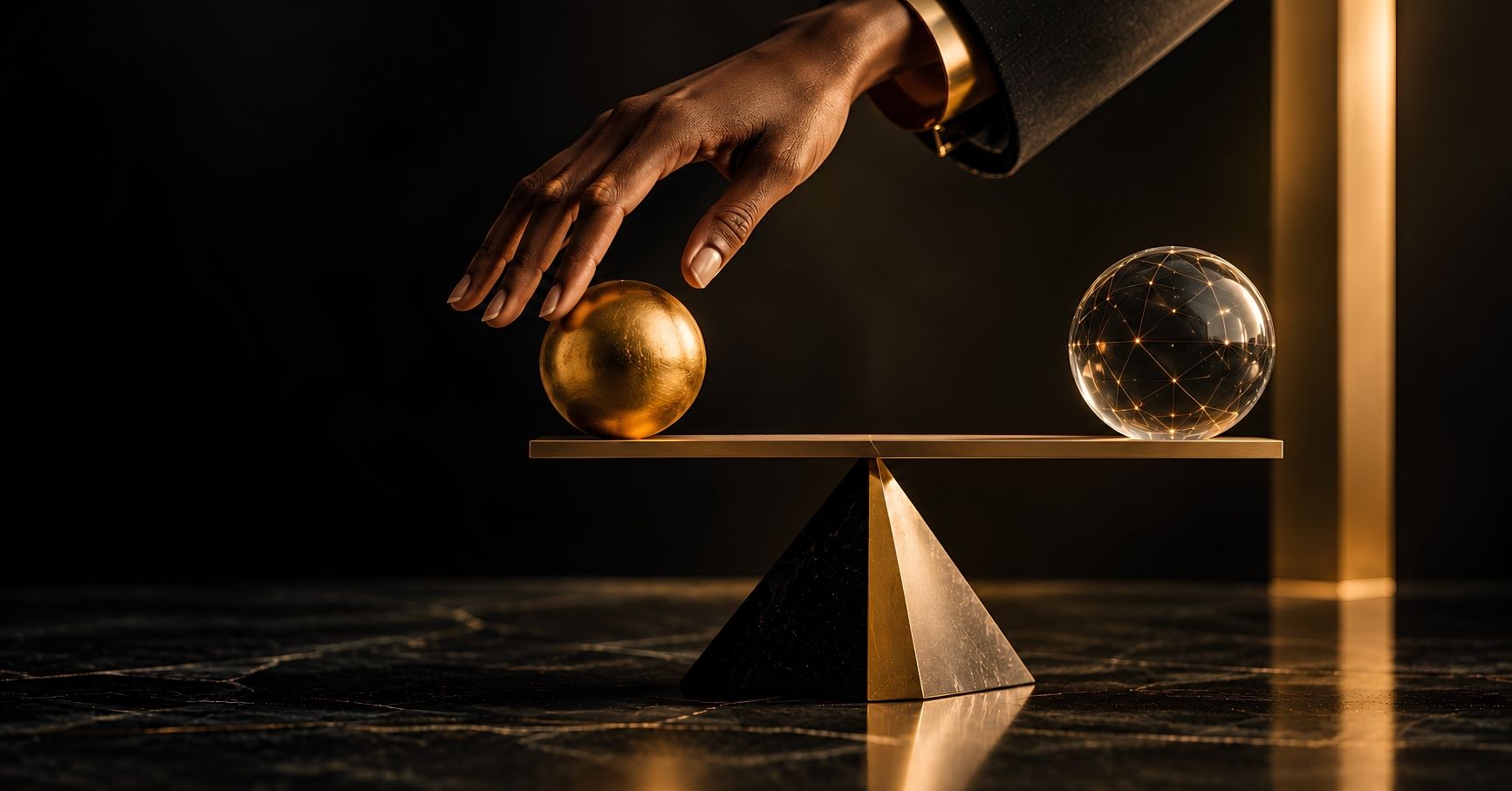 An architectural balance or scale in a dark space with gold directional lighting, suggesting the careful weighing of consequence that ethical AI leadership requires.