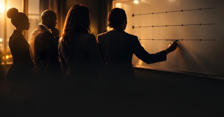 Leadership team marking dates on a four-band planning whiteboard in a dark, gold-lit room. Article: Vision to Velocity: Why Strategy Needs Rhythm. By Refiloe Mokgalaka, Strategic Leadership Consultant.